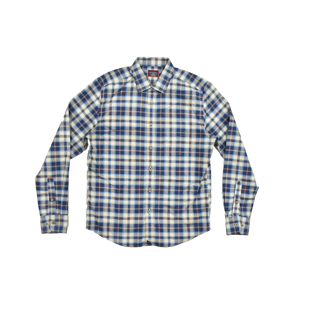 UNTUCKit Medium Slim Fit Button Down Shirt Blue Tan Plaid Cotton Long Sleeve Wri